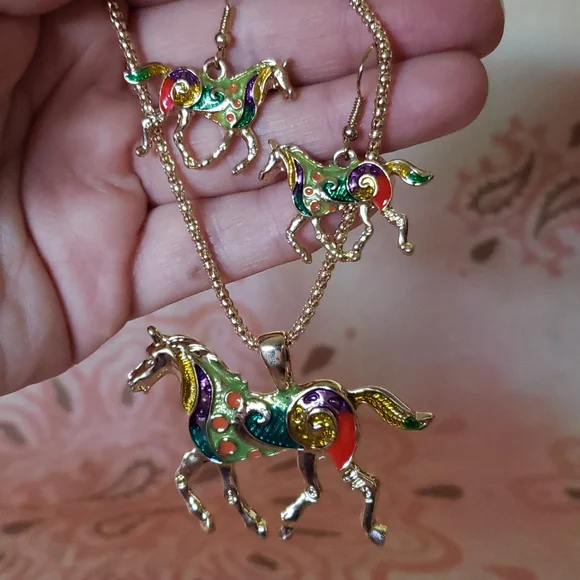 Trotting Horse Set. Horse Earrings Horse Necklace Cowgirl Colorful Rodeo Pony - Picture 5 of 13